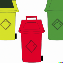 DALL·E 2023-11-08 16.28.42 - une poubelle rouge, une poubelle verte et une poubelle jaune, style BD.png
